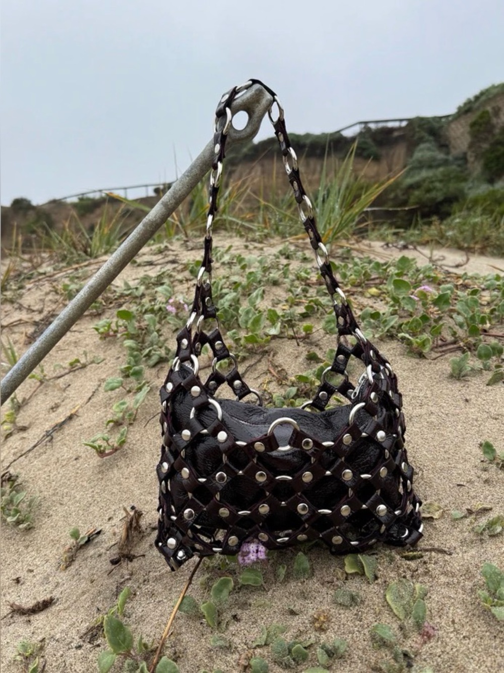 Deep purple berry color Studded Woven Shoulder Bag